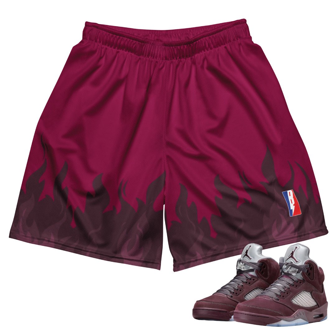 RETRO 5 BURGUNDY FLAME MESH SHORTS - Sneaker Tees to match Air Jordan Sneakers