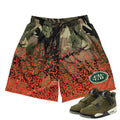 RETRO 4 CRAFT "MEDIUM OLIVE" CAMO SPLATTER MESH SHORTS - Sneaker Tees to match Air Jordan Sneakers