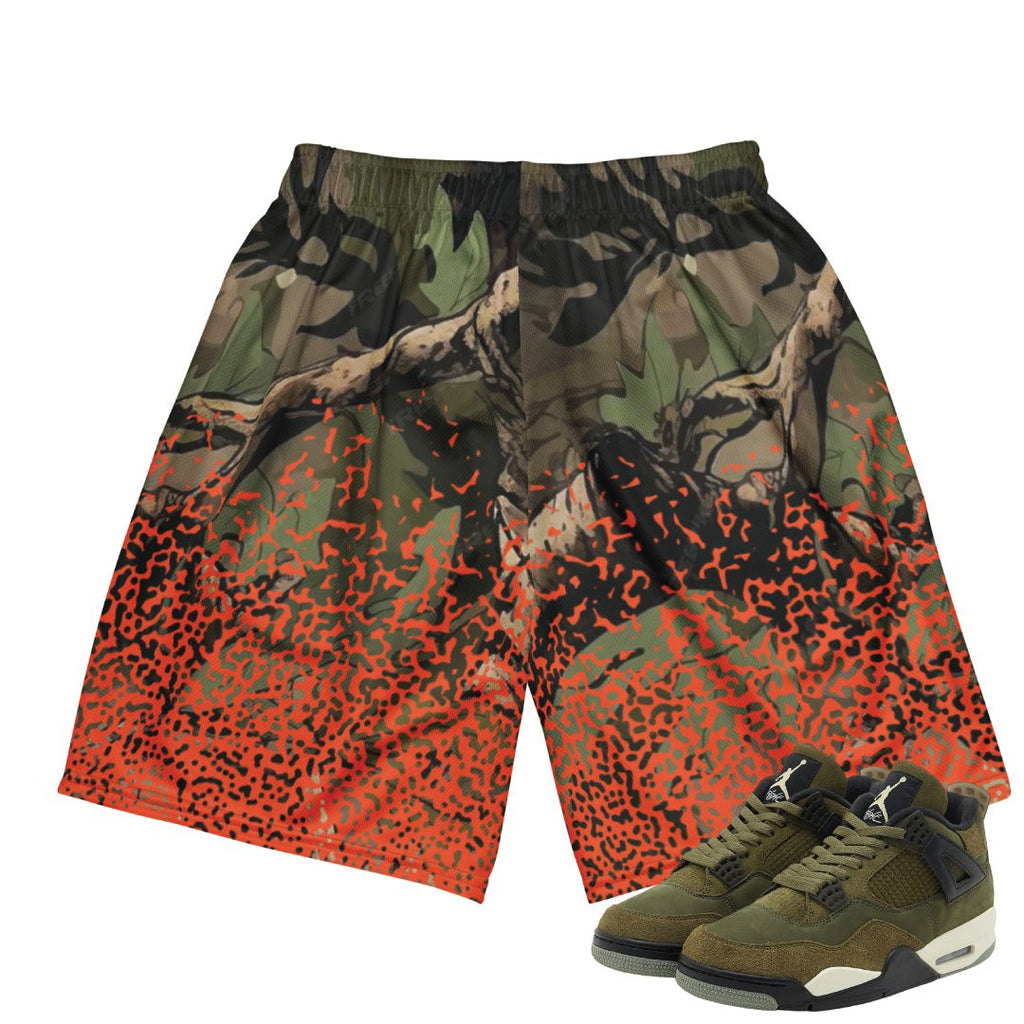 RETRO 4 CRAFT "MEDIUM OLIVE" CAMO SPLATTER MESH SHORTS - Sneaker Tees to match Air Jordan Sneakers