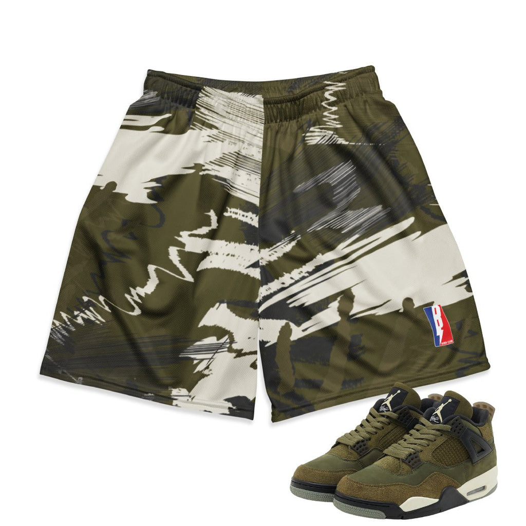 RETRO 4 CRAFT "MEDIUM OLIVE" CAMO MESH SHORTS - Sneaker Tees to match Air Jordan Sneakers