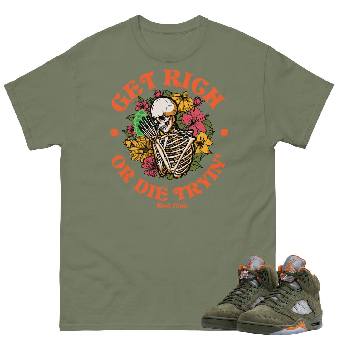 Retro 5 Olive/Solar Orange "Get Rich" Shirt - Sneaker Tees to match Air Jordan Sneakers