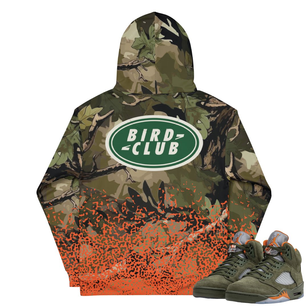 Retro 5 Olive/Solar Orange "Hunting Camo" Hoodie - Sneaker Tees to match Air Jordan Sneakers