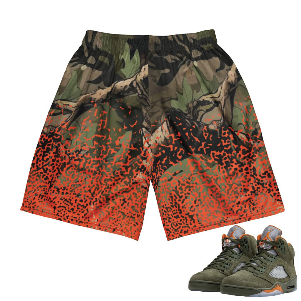 Retro 5 Olive/Solar Orange Camo Mesh Shorts - Sneaker Tees to match Air Jordan Sneakers