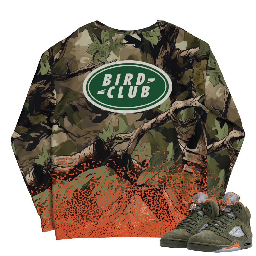 Retro 5 Olive/Solar Orange "Hunting Camo" Sweatshirt - Sneaker Tees to match Air Jordan Sneakers