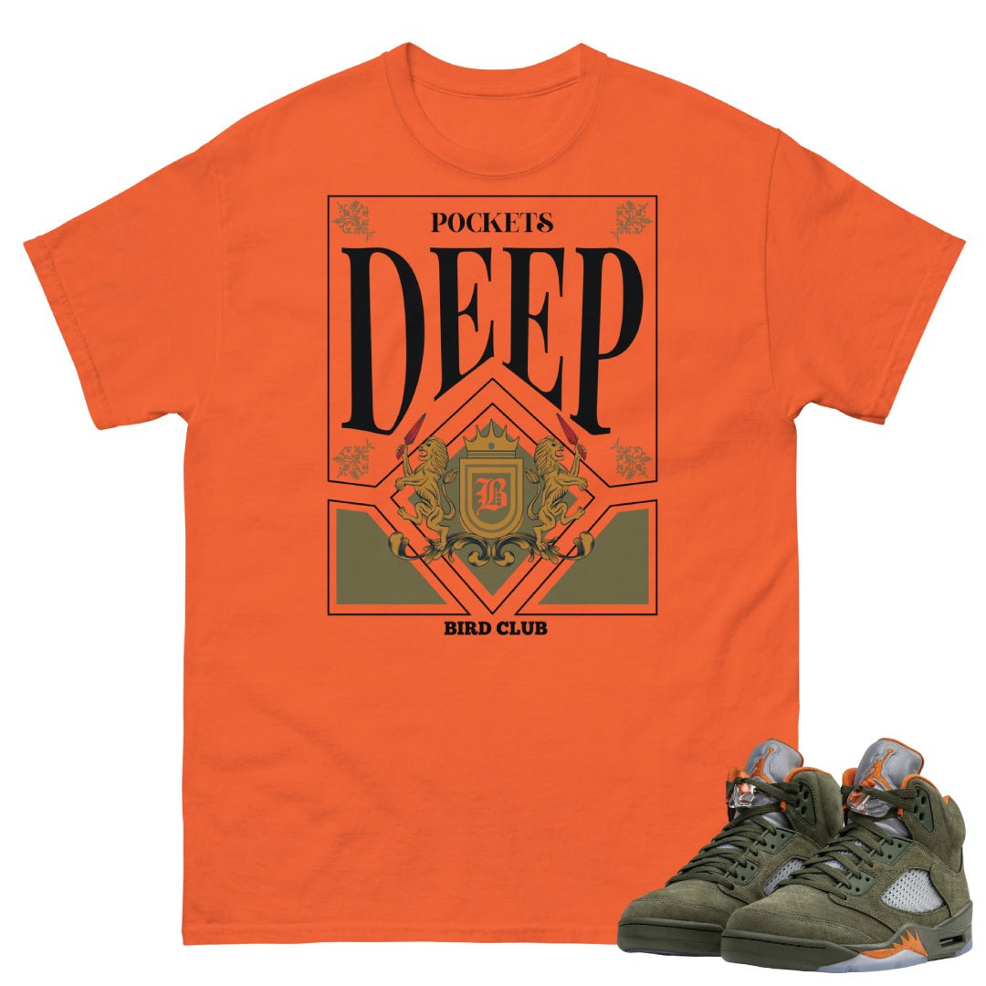 Retro 5 Olive/Solar Orange "Deep Pockets" Shirt - Sneaker Tees to match Air Jordan Sneakers