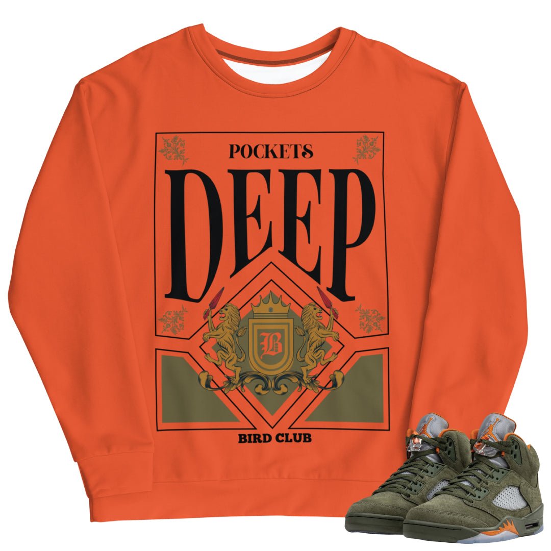Retro 5 Olive/Solar Orange "Deep Pockets" Sweatshirt - Sneaker Tees to match Air Jordan Sneakers