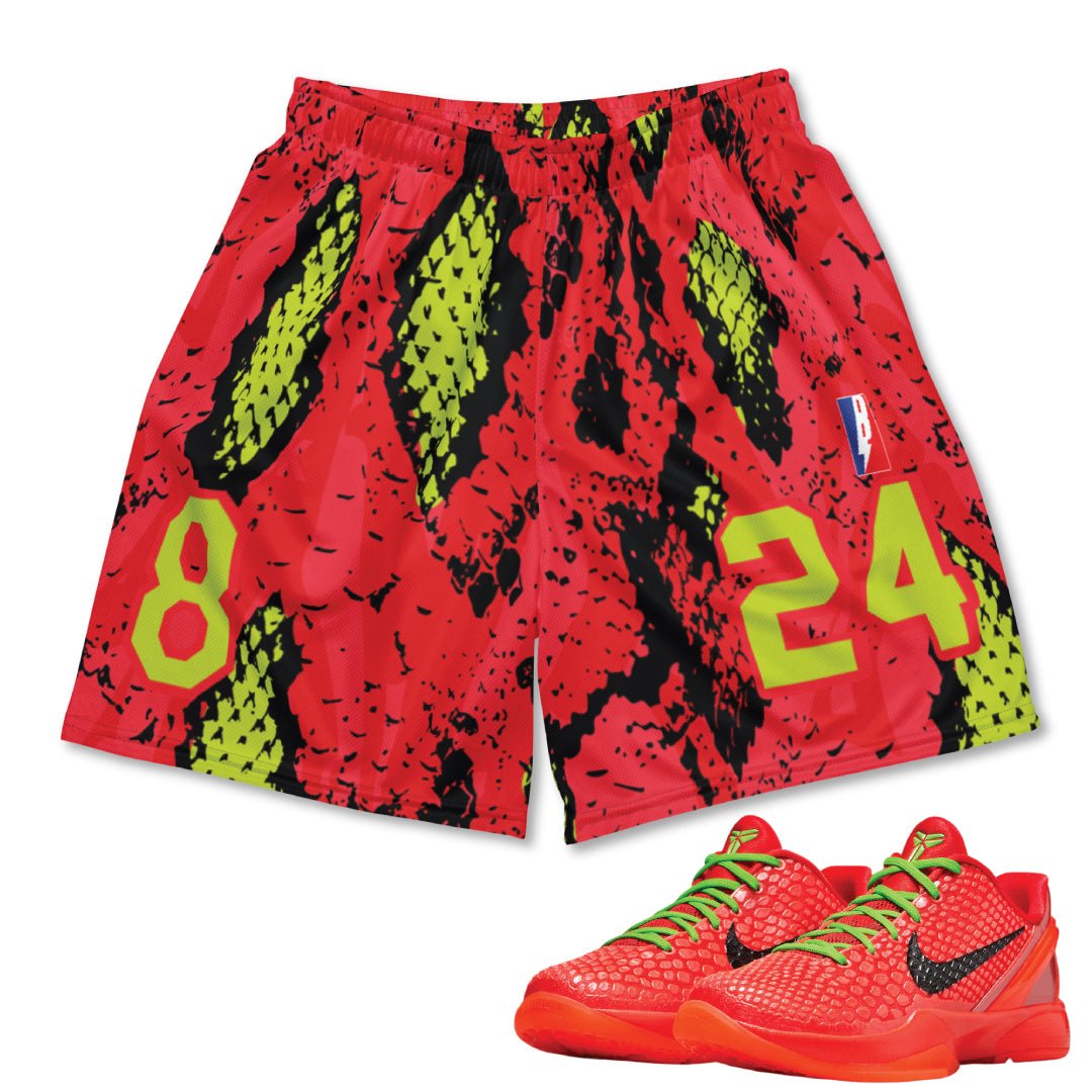 Reverse Grinch Kobe 6 Protro Snakeskin Print Mesh Basketball Shorts - Sneaker Tees to match Air Jordan Sneakers