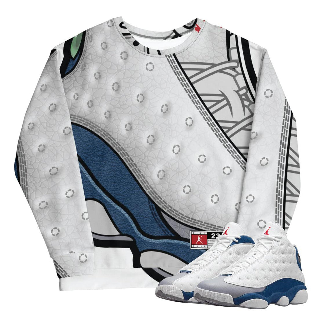 Retro 13 French Blue sweater - Sneaker Tees to match Air Jordan Sneakers